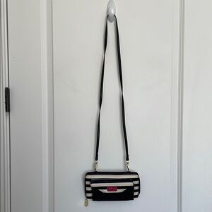 Betsey Johnson Striped Full Zipper Wristlet Crossbody Bag Small Black/Ivory